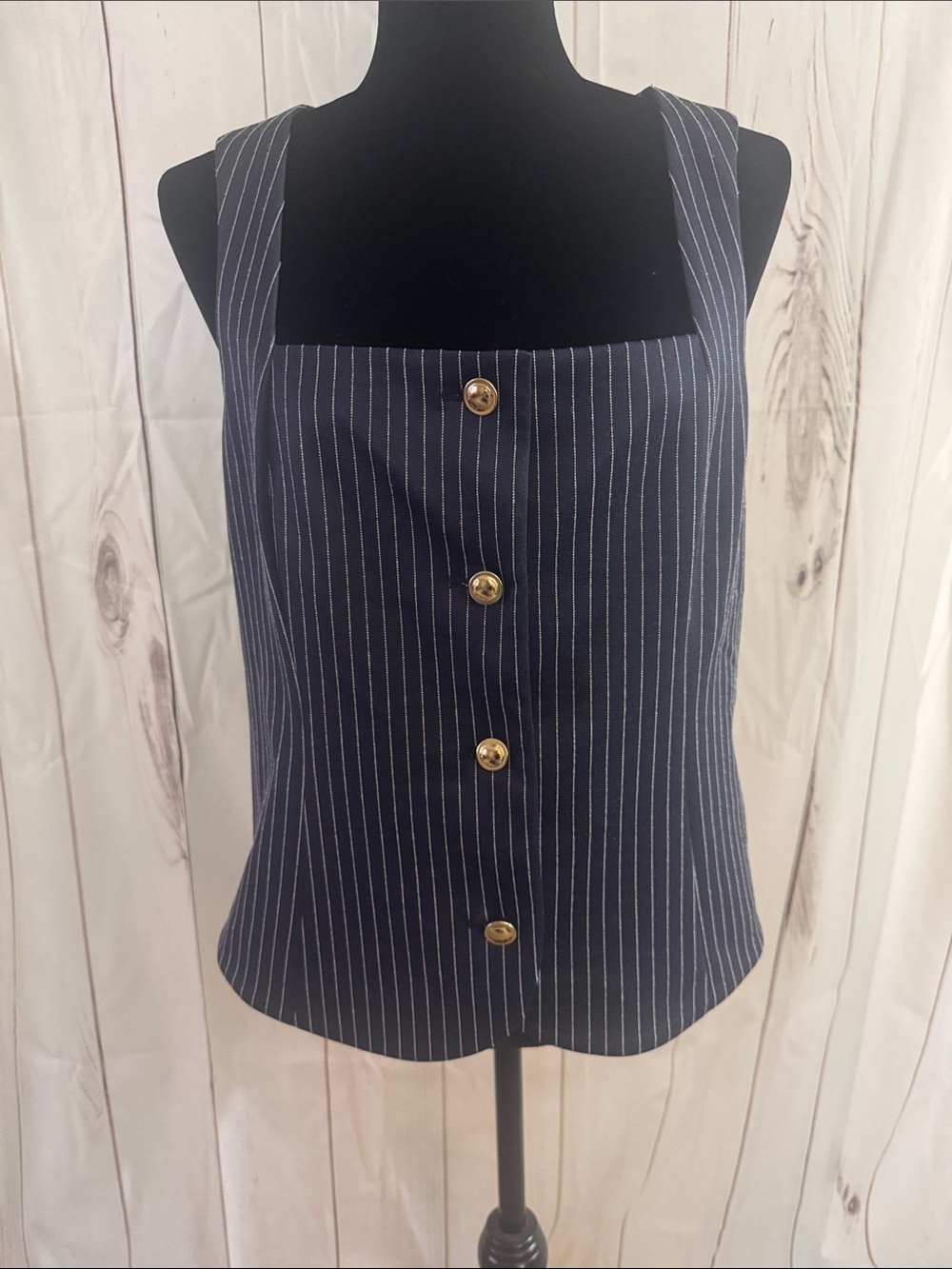 Michael Kors- Striped Navy Gold button -Front. Square-Neck vest/ Size lg